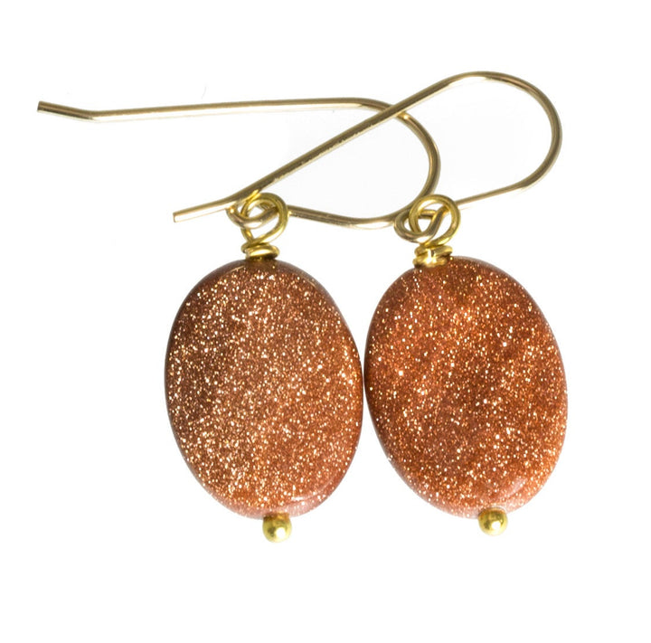 Goldstone Earrings Golden Sparkly Oval Teardrop dangle drop Sterling Silver or 14k Solid Yellow Gold or filled Spyglass Designs Drops Simple