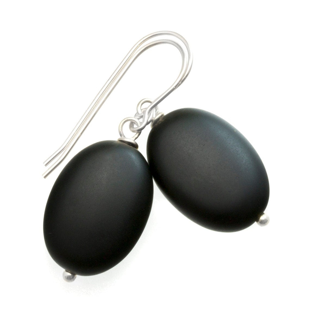 Black Onyx Earrings Sterling Silver or 14k Solid Gold or Filled Smooth Polished Matt Oval Teardrop Dangle Simple Classic Neutral Drops