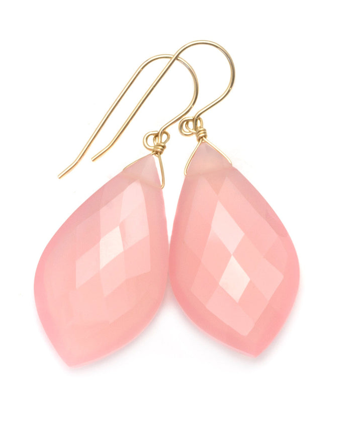Pink Chalcedony Earrings Sterling Silver or 14k Solid Yellow Gold or Filled Faceted Pointed Teardrops X Large Pear Briolettes  2 Inch Drops