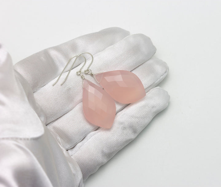 Pink Chalcedony Earrings Sterling Silver or 14k Solid Yellow Gold or Filled Faceted Pointed Teardrops X Large Pear Briolettes  2 Inch Drops