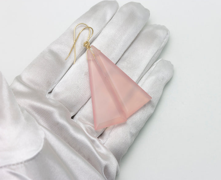 Pink Chalcedony Earrings Sterling Silver or 14k Solid Yellow Gold or Filled Faceted Triangle Teardrops X Large Beveled  2.5 Inch Drops