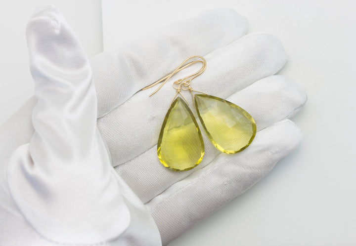 Lemon Yellow Quartz Earrings Large Wide Teardrop Faceted  Drop Sterling Silver or 14k Solid Yellow Gold or Rose Filled Simple Classic Dangle