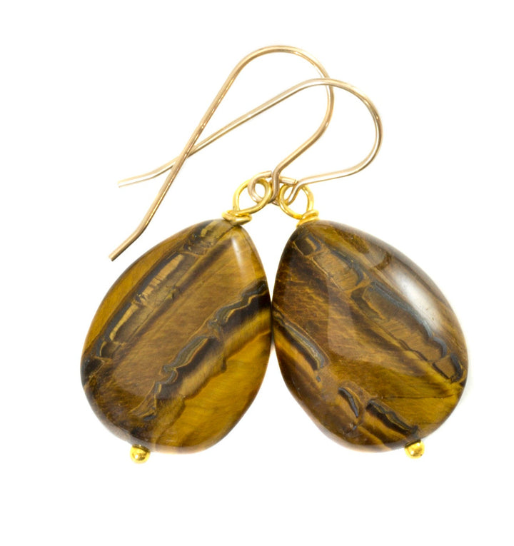 Tiger's Eye Earrings Smooth Large Teardrop dangle Sterling Silver or 14k Solid Yellow Gold or Filled Spyglass Designs Natural Tiger Eye