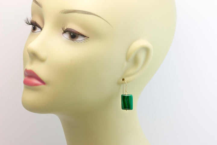 Malachite Earrings Green rectangle shaped smooth Natural Dangle Drops Sterling Silver or 14k Solid Yellow Gold or Filled simple design