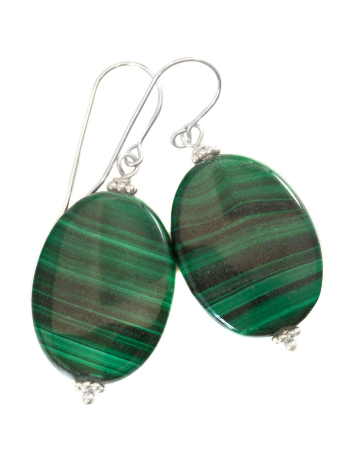 Malachite Earrings Green large oval smooth Natural Dangle Drops Sterling Silver or 14k Solid Yellow Gold or Filled simple design