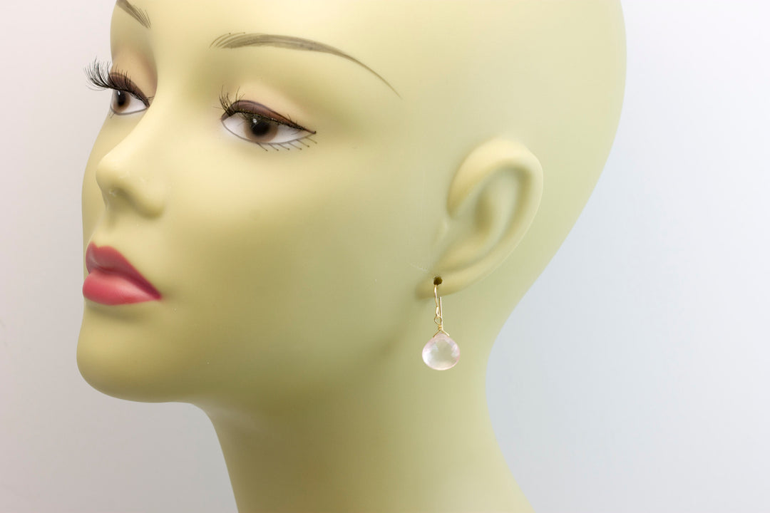 Rose Quartz Earrings Pink Dainty Heart Teardrop Dangle Sterling Silver or 14k solid Gold or Filled Classic Faceted Simple Everyday