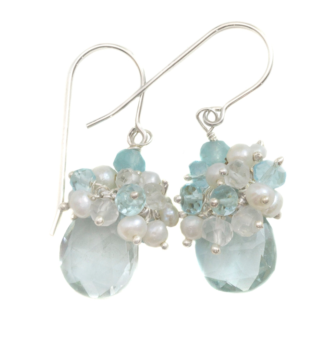Cluster Earrings Sim Aquamarine faceted Teardrop and seed pearls 14k solid gold or filled or sterling silver pale blue quartz aquamarine