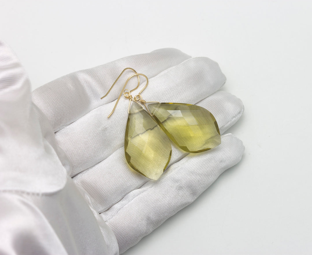 Lemon Yellow Quartz Earrings Large Teardrop Faceted Pointed Drop Sterling Silver or 14k Solid Yellow Gold or Filled Simple 2 Inch Drops