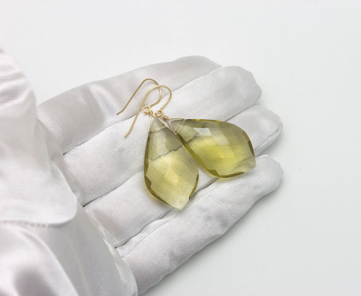 Lemon Yellow Quartz Earrings Large Teardrop Faceted Pointed Drop Sterling Silver or 14k Solid Yellow Gold or Filled Simple 2 Inch Drops
