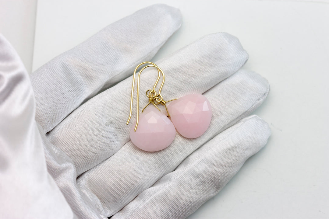 Pink Peruvian Opal Earrings Large Faceted Heart Teardrops 14k Solid Gold or Filled or Sterling Silver Simple Soft Pink Opals Earthy