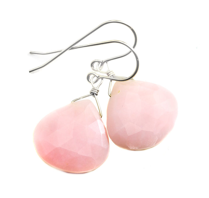 Pink Peruvian Opal Earrings Large Faceted Heart Teardrops 14k Solid Gold or Filled or Sterling Silver Simple Soft Pink Opals Earthy