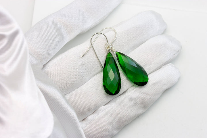 Emerald Green Earrings Faceted Simulated Emerald Pear Long Teardrop Drop Dangles Sterling Silver or 14k Solid Yellow Gold or Filled Simple