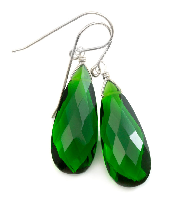 Emerald Green Earrings Faceted Simulated Emerald Pear Long Teardrop Drop Dangles Sterling Silver or 14k Solid Yellow Gold or Filled Simple