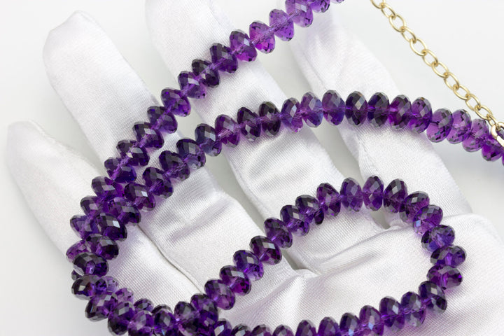 Amethyst Necklace 14k Gold Filled 20 Inch Beaded Chain Link Faceted Natural Earthy Deep Purple Solid Strand 8mm Micro Faceting