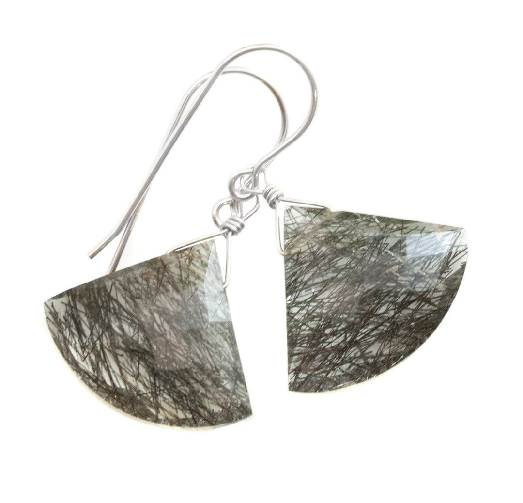 Black Rutile Quartz Earrings 14k Solid Yellow Gold or Filled or Sterling Silver Faceted Fan Tourmalated Rutilated Heart Teardrop Simple Drop