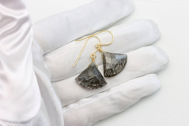 Black Rutile Quartz Earrings 14k Solid Yellow Gold or Filled or Sterling Silver Faceted Fan Tourmalated Rutilated Heart Teardrop Simple Drop