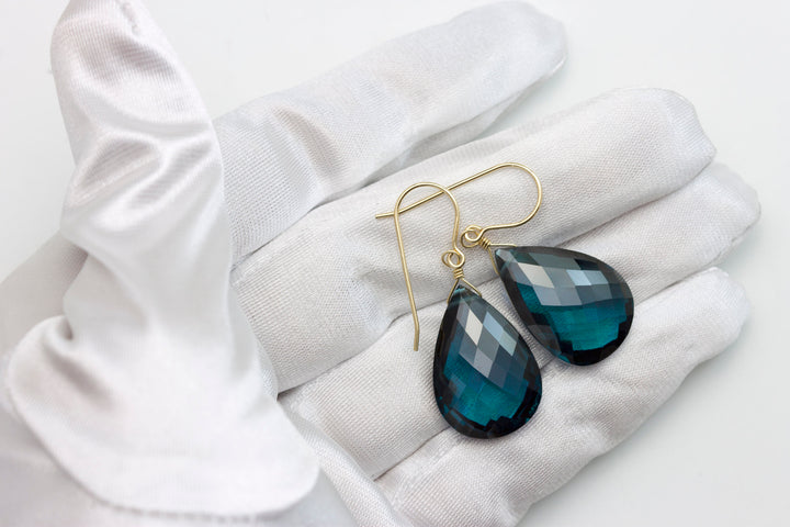 London Blue  Sim Topaz Earrings Large Faceted Briolette  Drops Sterling Silver or 14k Solid Gold or Filled Simple Classic Topaz Hot Teal