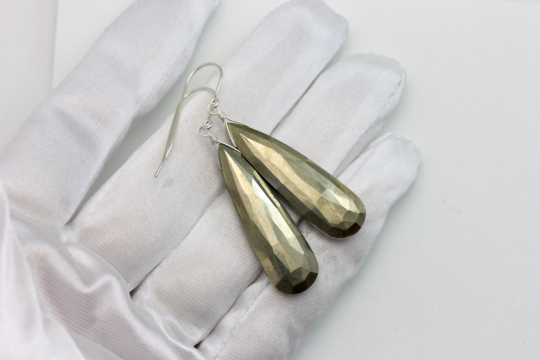 Natural Pyrite Earrings 14k solid gold or filled or Sterling Silver 2 Inches Natural large long faceted Teardrops Simple Earthy Neutral