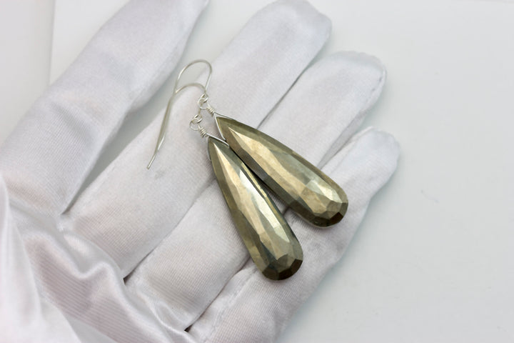 Natural Pyrite Earrings 14k solid gold or filled or Sterling Silver 2 Inches Natural large long faceted Teardrops Simple Earthy Neutral