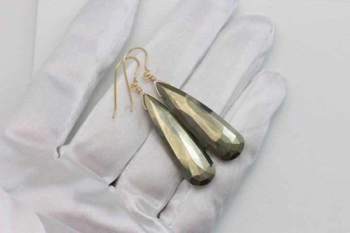 Natural Pyrite Earrings 14k solid gold or filled or Sterling Silver 2 Inches Natural large long faceted Teardrops Simple Earthy Neutral