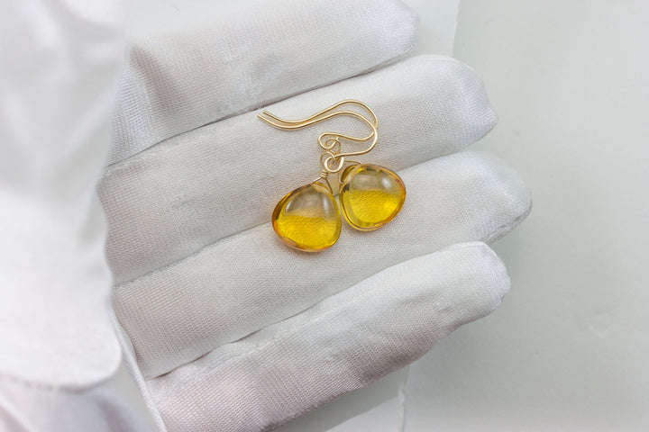 Yellow Citrine Earrings Smooth Sim Heart Drop 14k solid gold or filled or Sterling Silver Spyglass Designs Simple Teardrops Lightweight