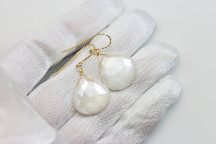 White Sapphire Earrings Teardrop 14k Solid Gold or Filled  or Sterling Silver Heart Shaped Faceted Natural 1.4 Inch Large Drops