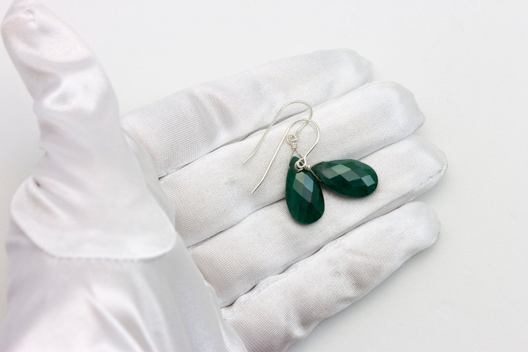 Natural Emerald Earrings Faceted Pear Shaped Teardrops 14k solid Gold or Filled or Sterling Silver Deep Rich Green Drops