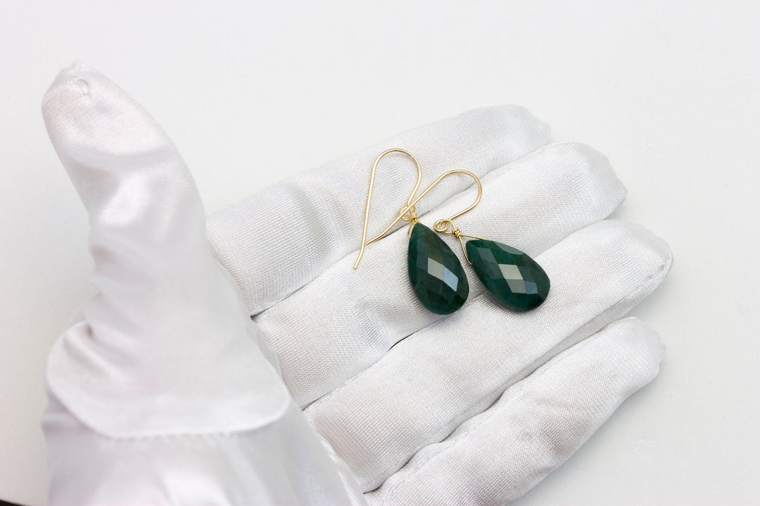 Natural Emerald Earrings Faceted Pear Shaped Teardrops 14k solid Gold or Filled or Sterling Silver Deep Rich Green Drops