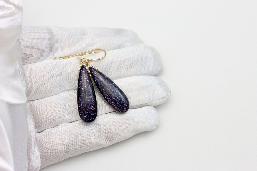 Goldstone Earrings Blue Sparkly long smooth Teardrops dangle drops Sterling Silver or 14k Solid Yellow Gold or filled Spyglass Designs