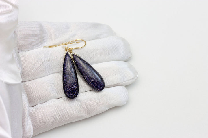 Goldstone Earrings Blue Sparkly long smooth Teardrops dangle drops Sterling Silver or 14k Solid Yellow Gold or filled Spyglass Designs