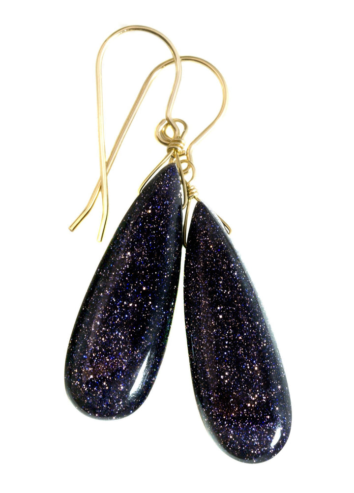 Goldstone Earrings Blue Sparkly long smooth Teardrops dangle drops Sterling Silver or 14k Solid Yellow Gold or filled Spyglass Designs