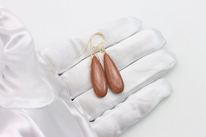 Goldstone Earrings Golden Sparkly long smooth Teardrops dangle drops Sterling Silver or 14k Solid Yellow Gold or filled Spyglass Designs