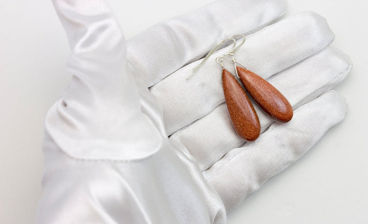 Goldstone Earrings Golden Sparkly long smooth Teardrops dangle drops Sterling Silver or 14k Solid Yellow Gold or filled Spyglass Designs