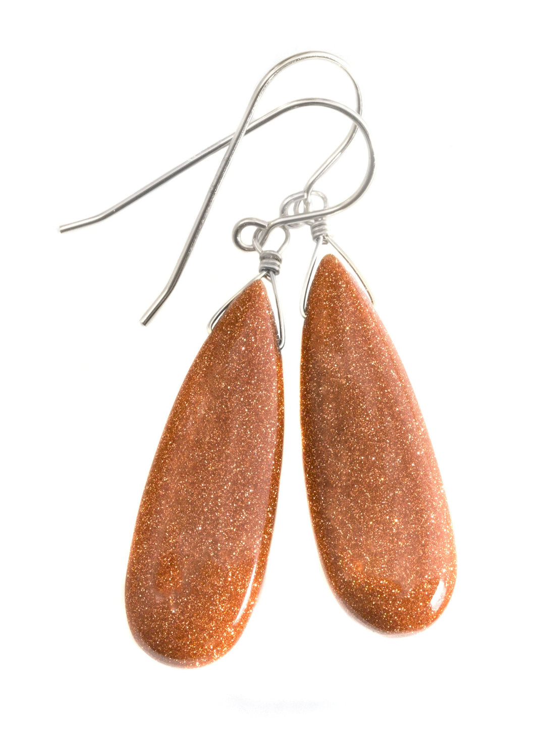 Goldstone Earrings Golden Sparkly long smooth Teardrops dangle drops Sterling Silver or 14k Solid Yellow Gold or filled Spyglass Designs