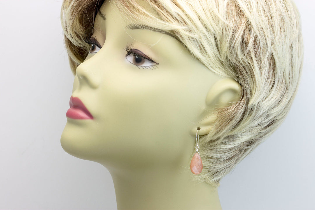 Peach Moonstone Earrings Sterling Silver or 14k solid Gold or Filled Faceted Pear Teardrops  Everyday Peachy Pink Shimmery Natural Drops