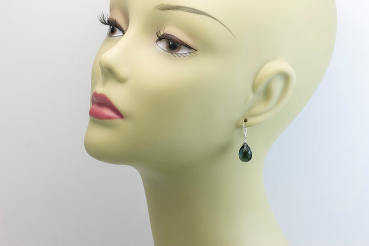 Smokey London Blue Gray Earrings Faceted Rounded Briolette teardrop Sim Smoky topaz  terling Silver or 14k Solid Gold or Filled Simple Drops