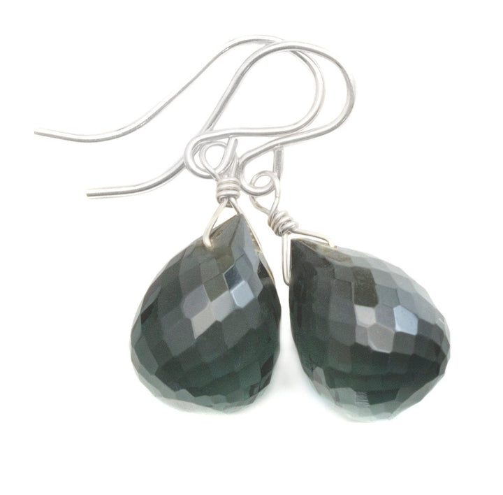 Smokey London Blue Gray Earrings Faceted Rounded Briolette teardrop Sim Smoky topaz  terling Silver or 14k Solid Gold or Filled Simple Drops