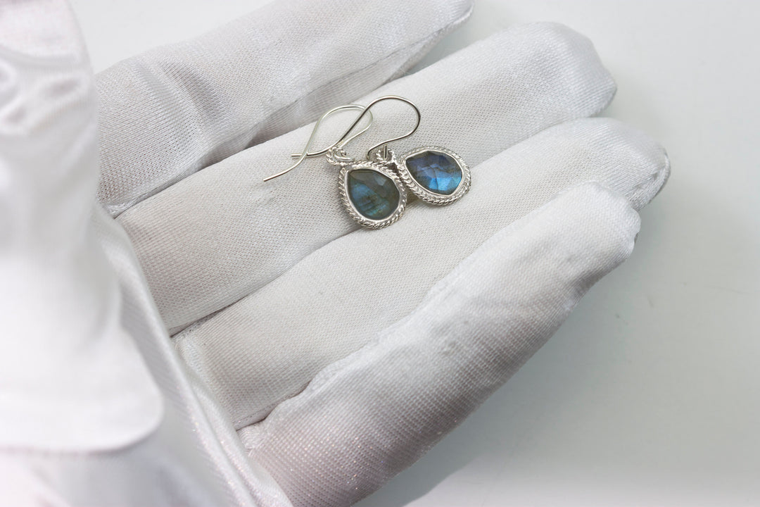 Labradorite Earrings Natural Fancy Bezel Small Tiny Lightweight 14k solid gold or filled  or Sterling Silver Simple Drops 1 Inch Blue Flash
