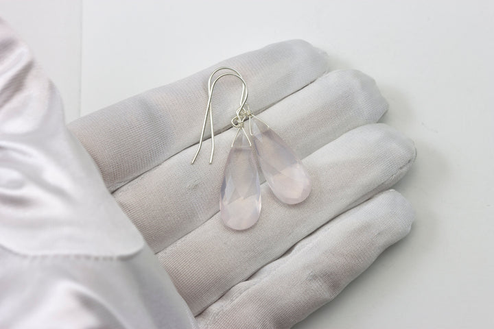 Rose Quartz Earrings Long Soft Pink Faceted Pear Long Teardrop Dangle Sterling Silver or 14k Solid Yellow Gold or Filled Natural Classic