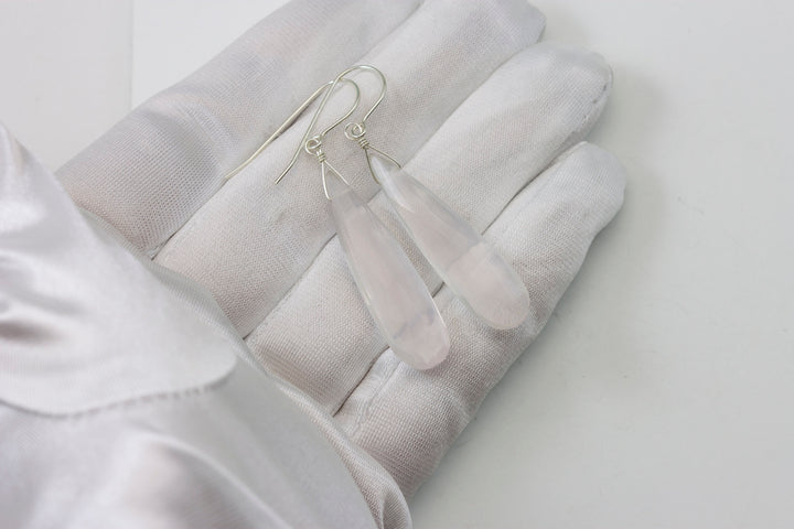 Rose Quartz Earrings X Long Soft Pink Faceted Pear Long Teardrop Dangle Sterling Silver or 14k Solid Yellow Gold or Filled Natural 2 Inches