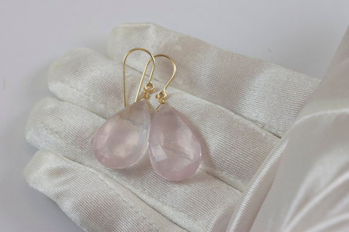 Rose Quartz Earrings X Large Soft Pink Briolette Long Teardrop Dangle Sterling Silver or 14k Solid Yellow Gold or Filled Natural Classic