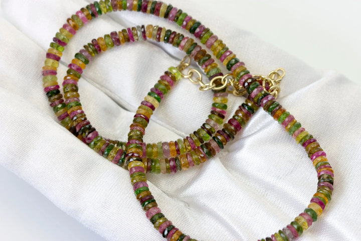 Multi Colored Tourmaline Necklace Natural Earthy Solid Strand 4.5mm Sterling Silver 14k Gold Filled Micro Faceted 20 Inch Simple pink green - Spyglass Designs