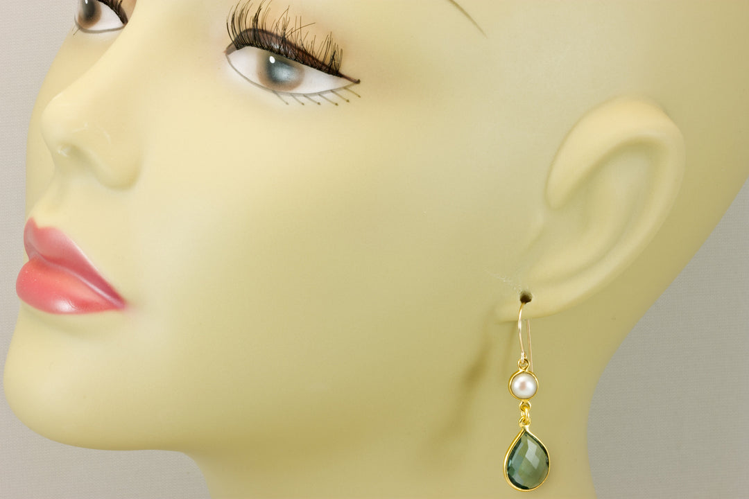 Green Amethyst Earrings Prasiolite Faceted Double hung 14k Solid Yellow Gold or Filled White Freshwater Button Pearls Bezel Long Simple Drop