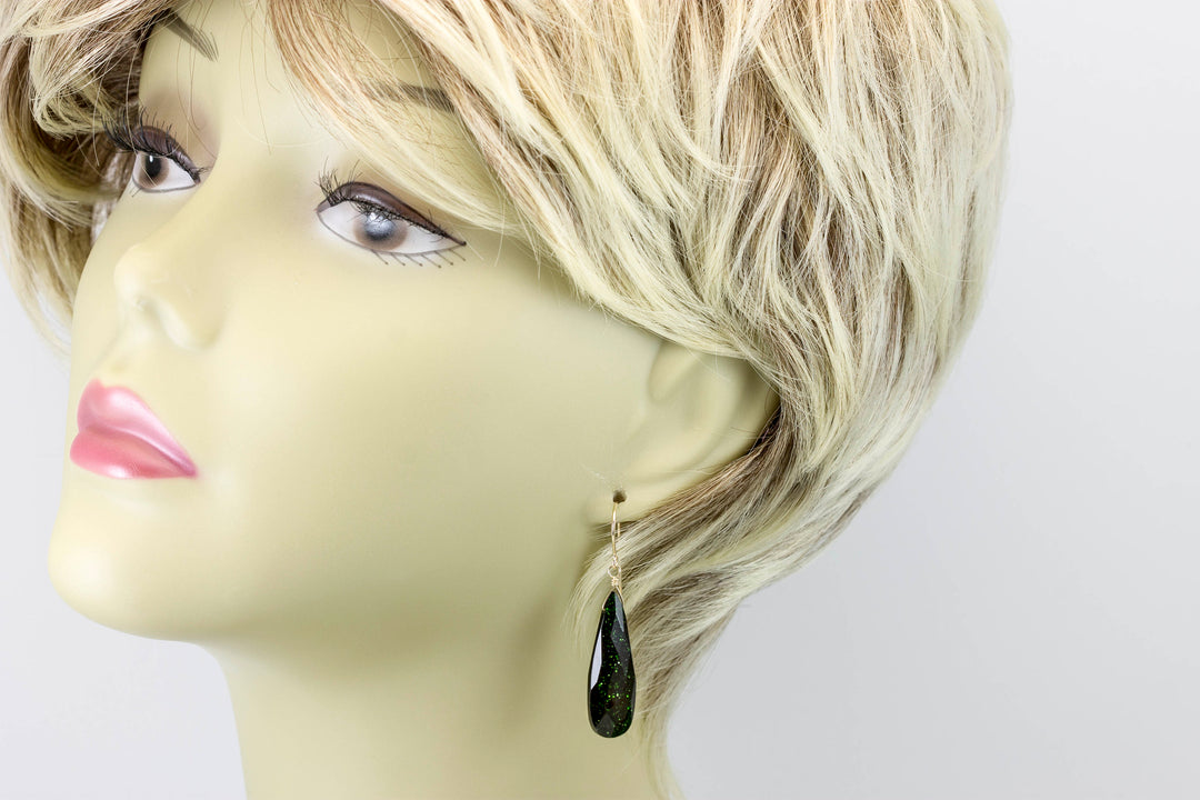 Goldstone Earrings Green Sparkly long faceted Teardrops dangle drops Sterling Silver or 14k Solid Yellow Gold or filled Spyglass Designs