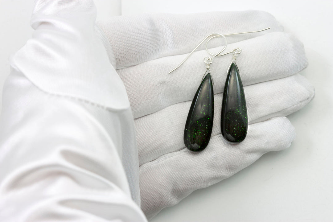 Goldstone Earrings Green Sparkly long smooth Teardrops dangle drops Sterling Silver or 14k Solid Yellow Gold or filled Spyglass Designs
