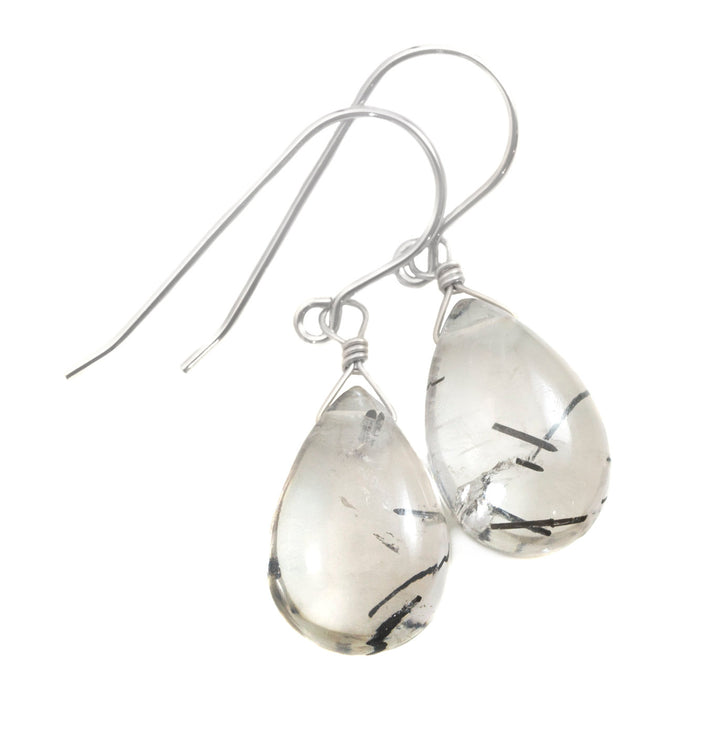 Black Rutile Tourmalated Quartz Earrings Smooth Dangle Thick Rutilated Teardrops 14k Solid Gold or Filled or Sterling Silver Simple Drop