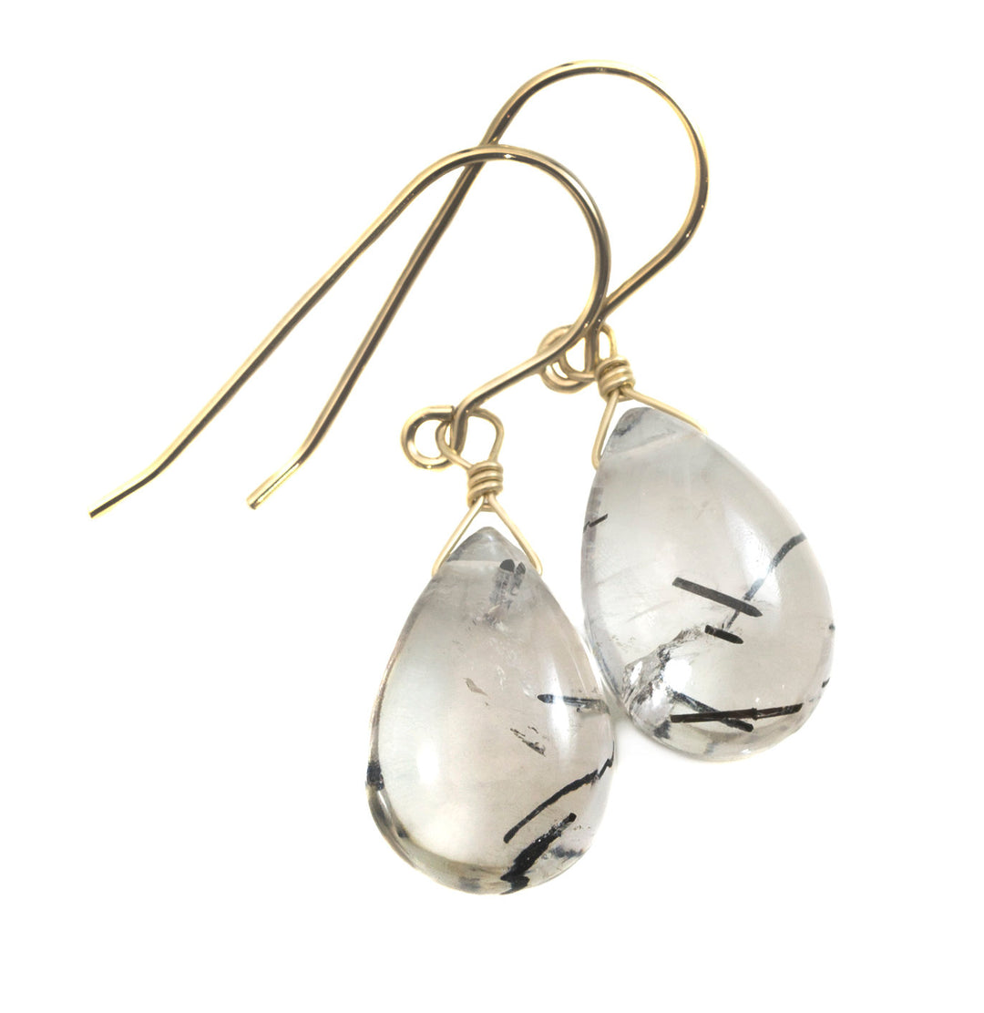 Black Rutile Tourmalated Quartz Earrings Smooth Dangle Thick Rutilated Teardrops 14k Solid Gold or Filled or Sterling Silver Simple Drop