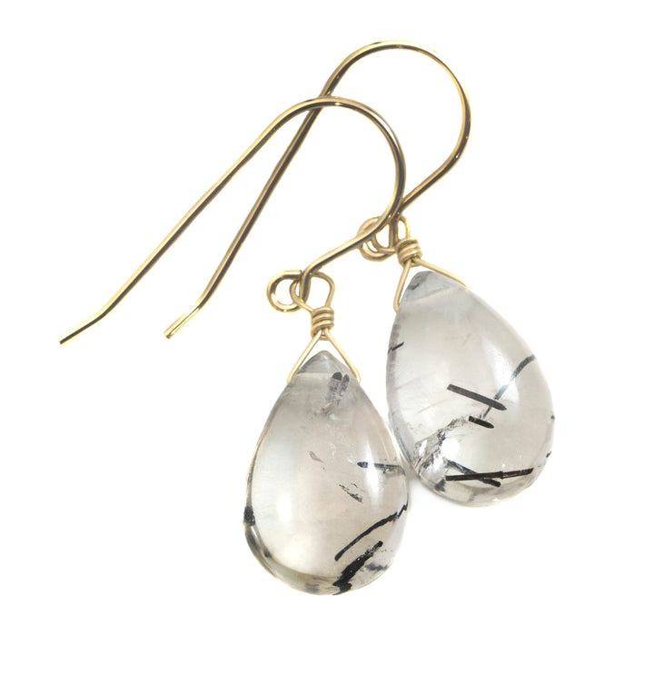 Black Rutile Tourmalated Quartz Earrings Smooth Dangle Thick Rutilated Teardrops 14k Solid Gold or Filled or Sterling Silver Simple Drop