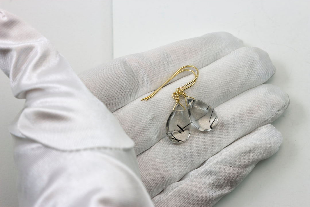 Black Rutile Tourmalated Quartz Earrings Smooth Dangle Thick Rutilated Teardrops 14k Solid Gold or Filled or Sterling Silver Simple Drop
