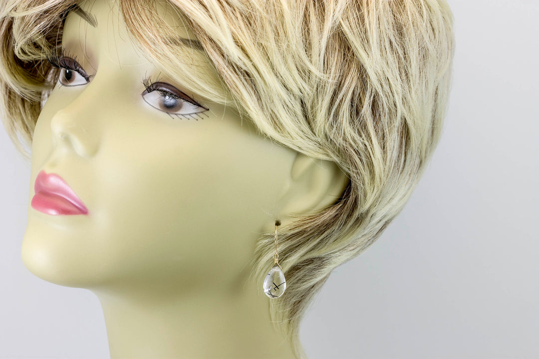 Black Rutile Tourmalated Quartz Earrings Smooth Dangle Thick Rutilated Teardrops 14k Solid Gold or Filled or Sterling Silver Simple Drop